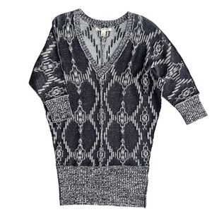 Roxy Womens M Black White Geometric V Neck 3/4 Sl Chunky Knit Sweater Dress Boho
